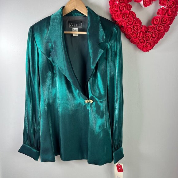 Alex Evenings Womens Metallic Satin Blazer Sz LARGE in Hunter Green - Picture 1 of 11